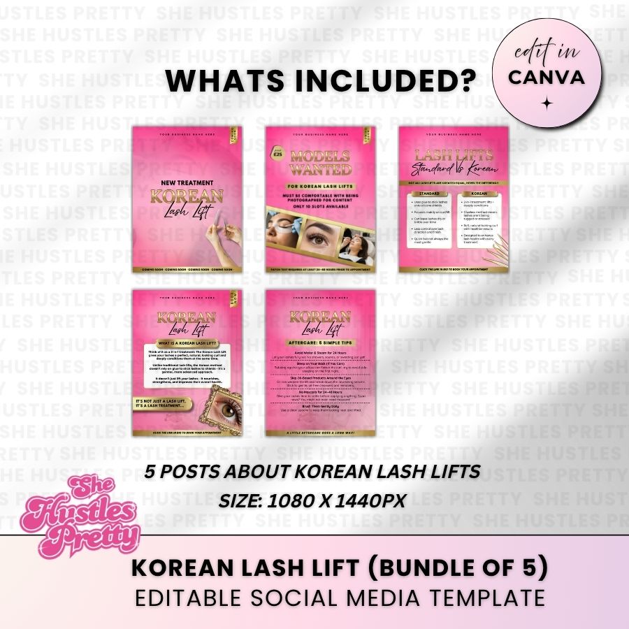 Korean Lash Lift x 5 Posts | Social Media Marketing for Lash Artist | Pink & Gold Luxe