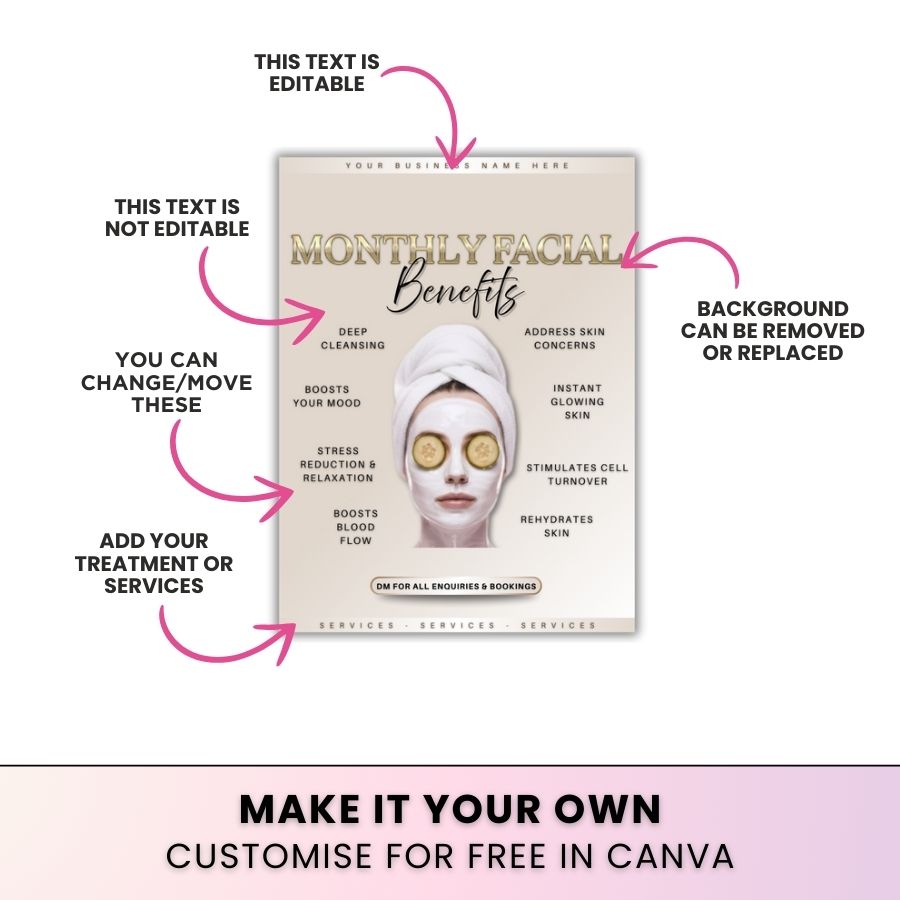 Monthly Facial Benefits Template for Social Media | Golden Nude | For Skincare Specialists