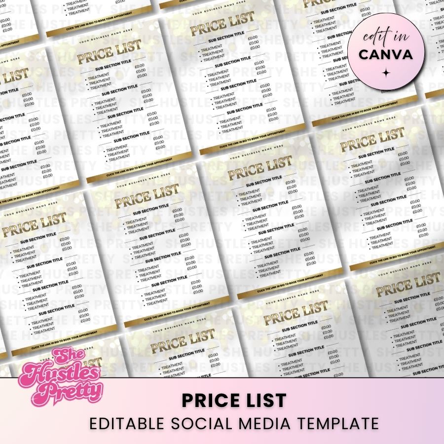 Price List Template for Social Media | White & Gold | For Beauty Professionals