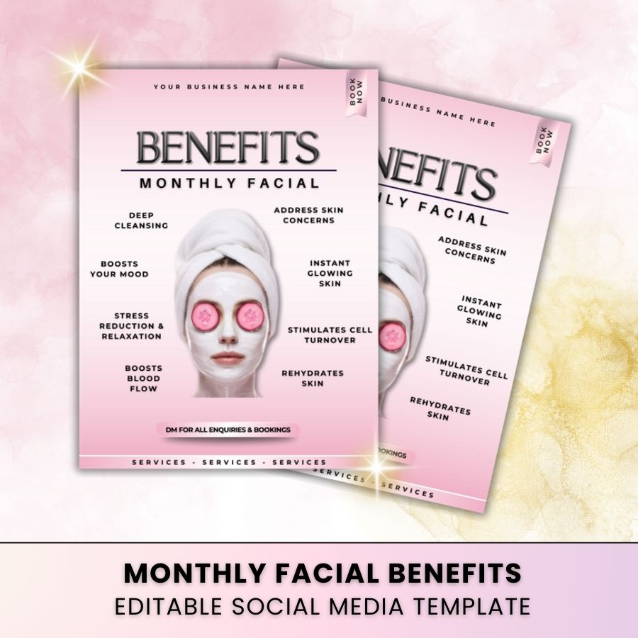 Monthly Facial Benefits Template for Social Media | White & Pink | For Skincare Specialists