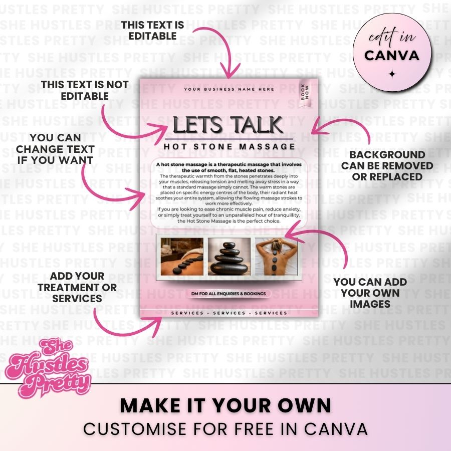 Lets Talk Hot Stone Massage for Social Media | White & Pink | For Massage Therapists