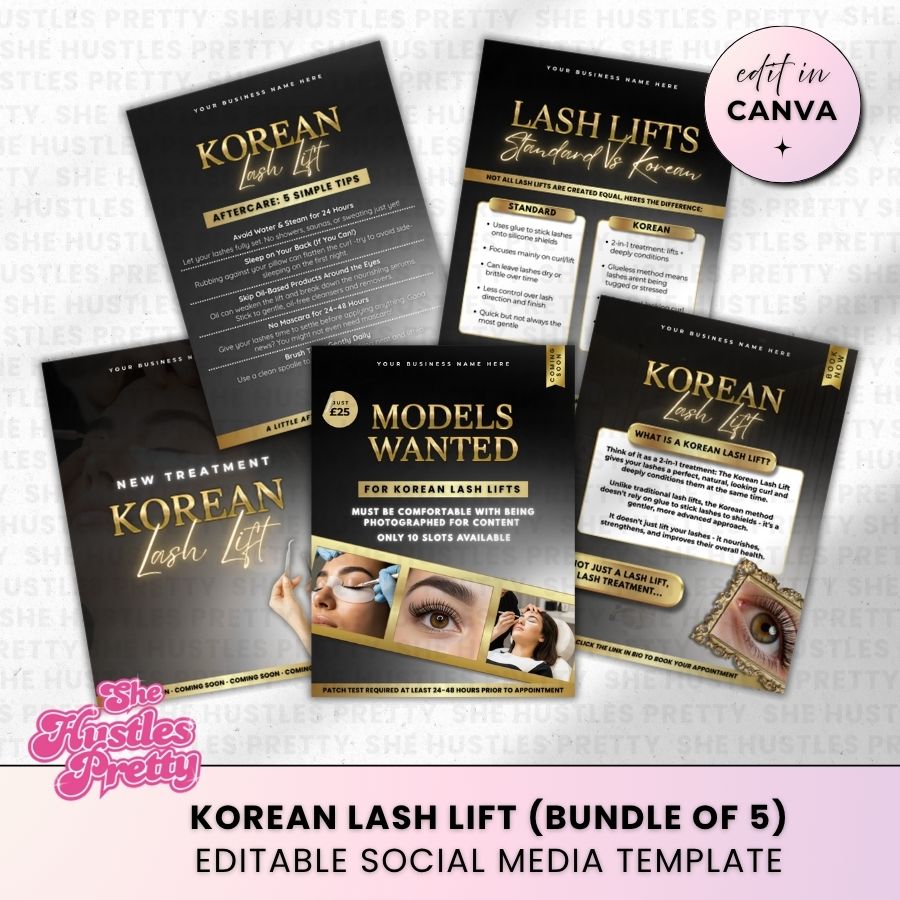 Korean Lash Lift x 5 Posts | Social Media Marketing for Lash Artist | Black & Gold Luxe