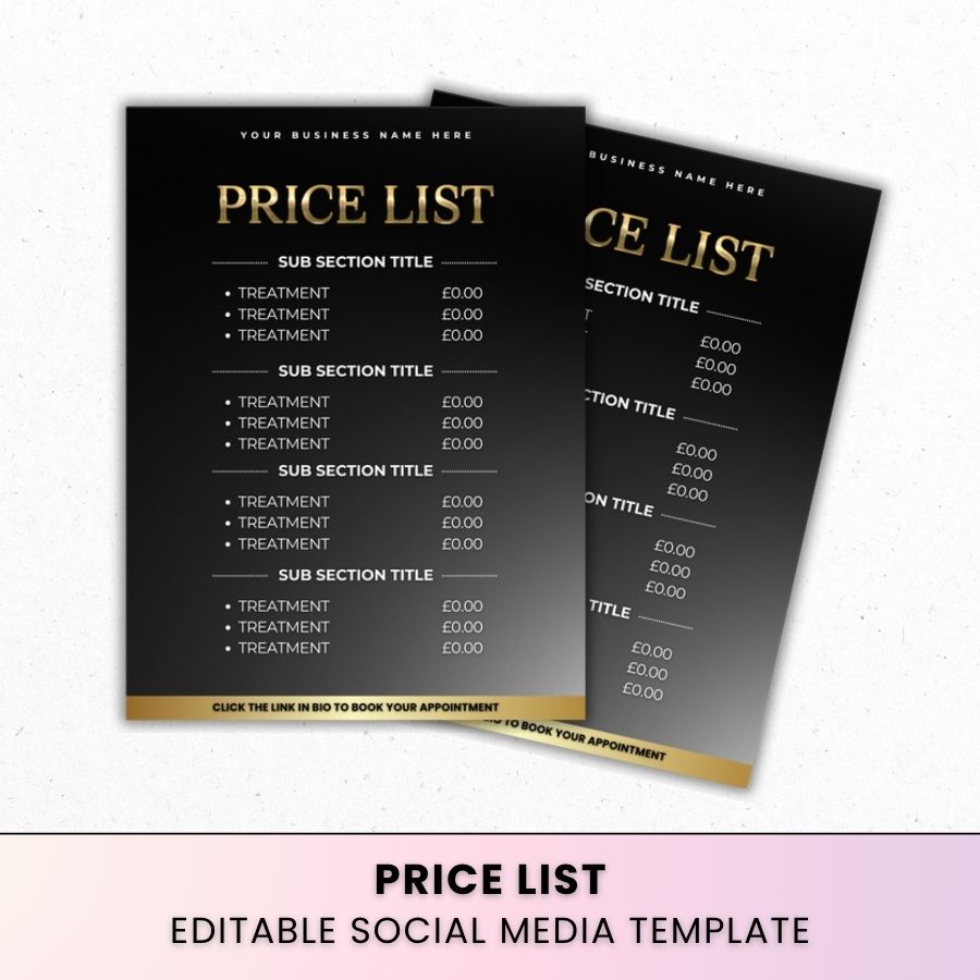 Price List Template for Social Media | Black & Gold | For Beauty Professionals
