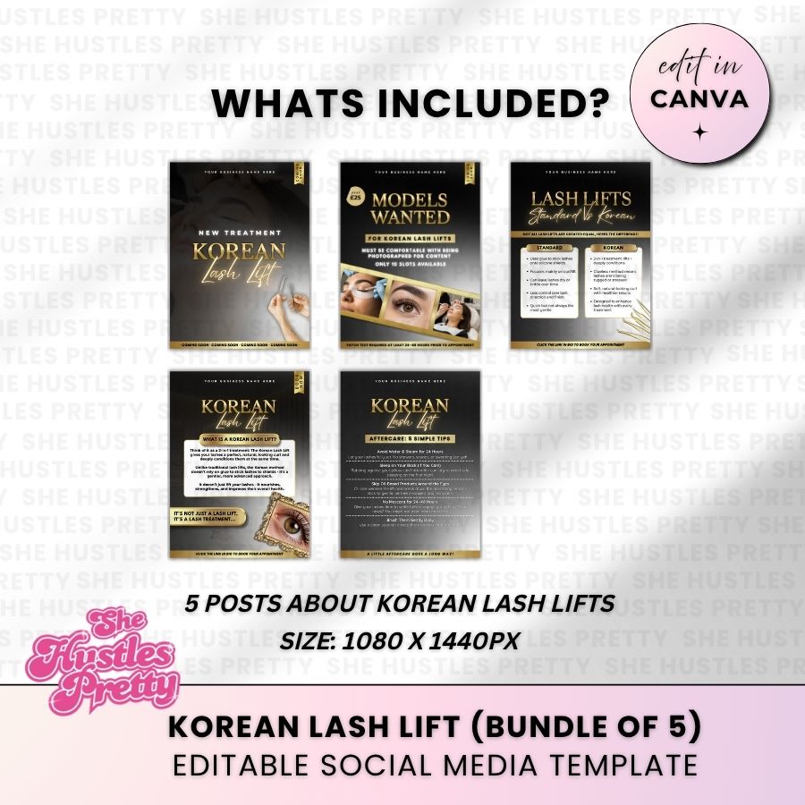 Korean Lash Lift x 5 Posts | Social Media Marketing for Lash Artist | Black & Gold Luxe