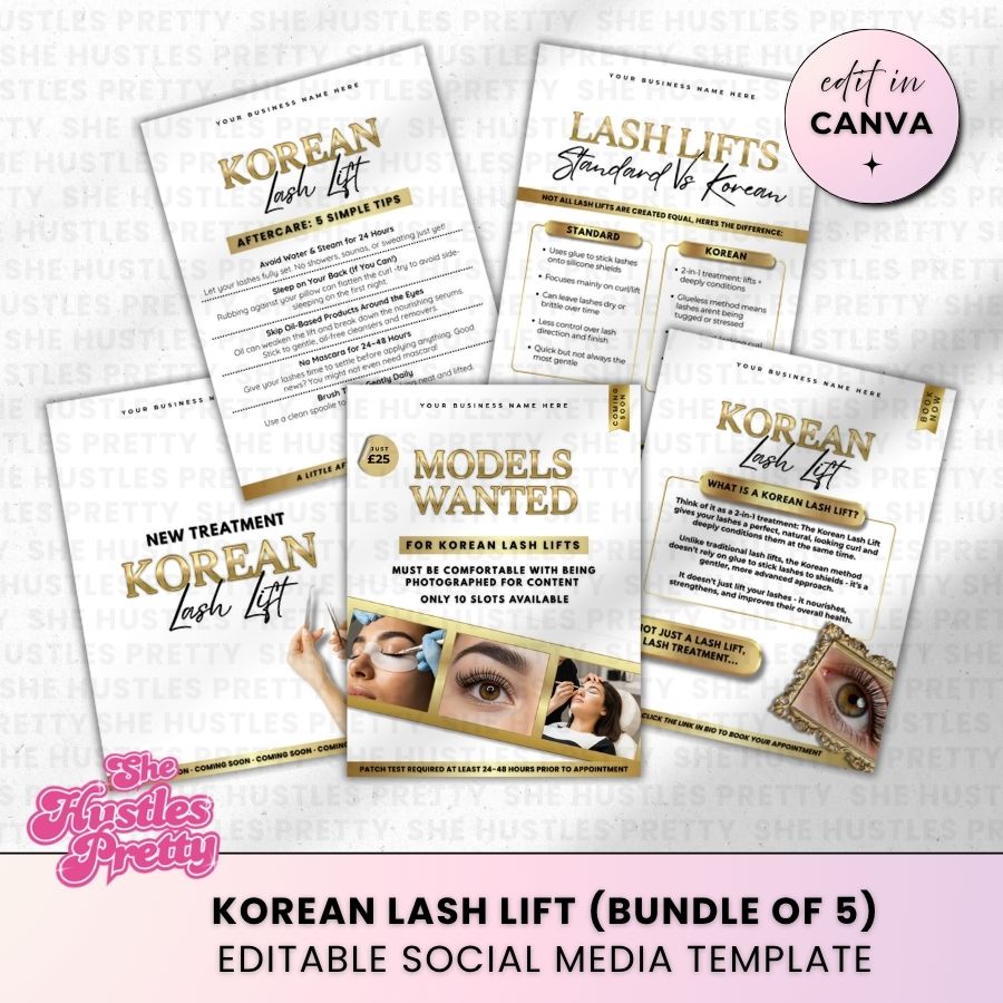 Korean Lash Lift x 5 Posts | Social Media Marketing for Lash Artist | White & Gold Luxe