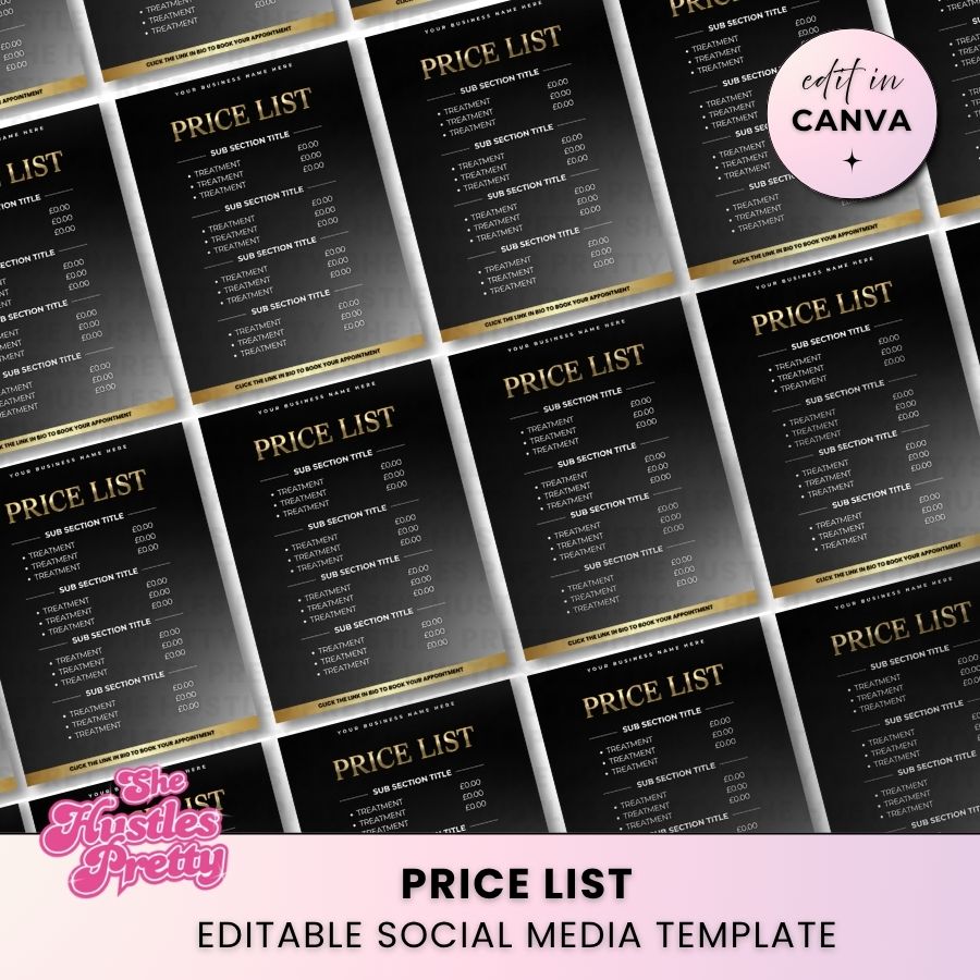Price List Template for Social Media | Black & Gold | For Beauty Professionals