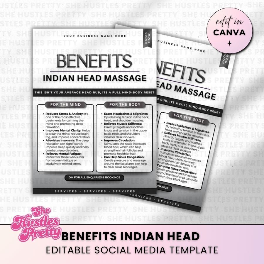 Benefits Indian Head Massage for Social Media | Monochrome | For Massage Therapists