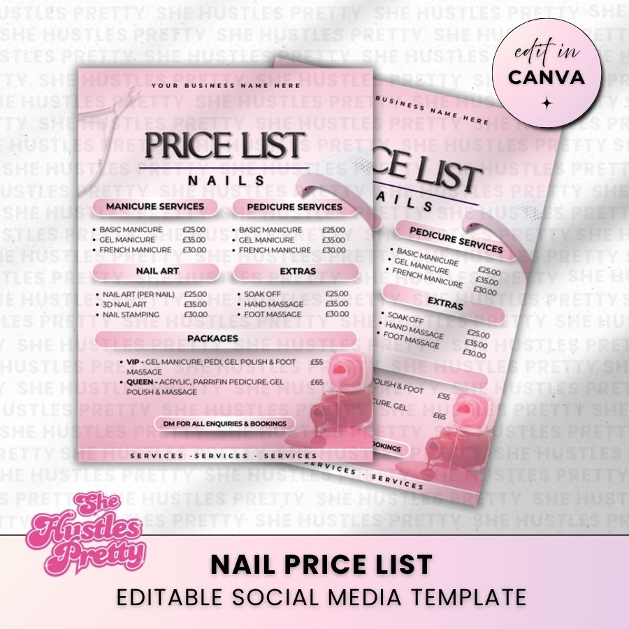 Nail Price List Template for Social Media | White & Pink | For Nail Technicians