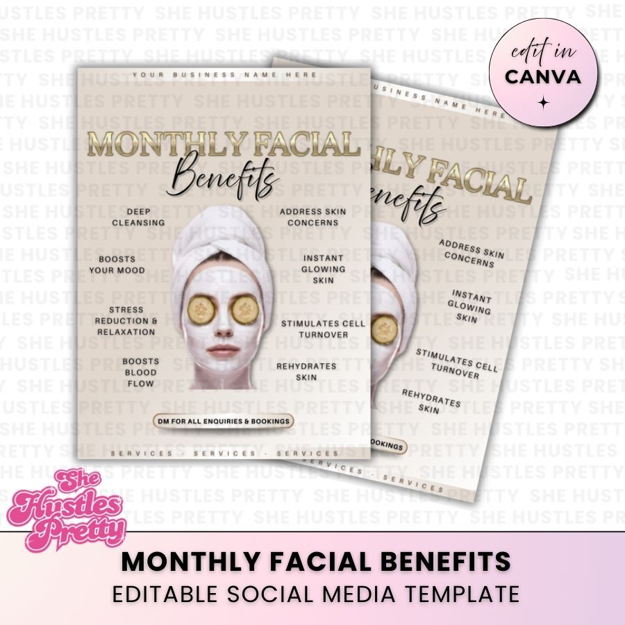 Monthly Facial Benefits Template for Social Media | Golden Nude | For Skincare Specialists