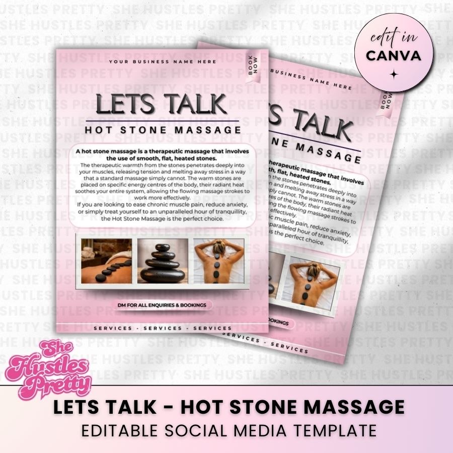 Lets Talk Hot Stone Massage for Social Media | White & Pink | For Massage Therapists