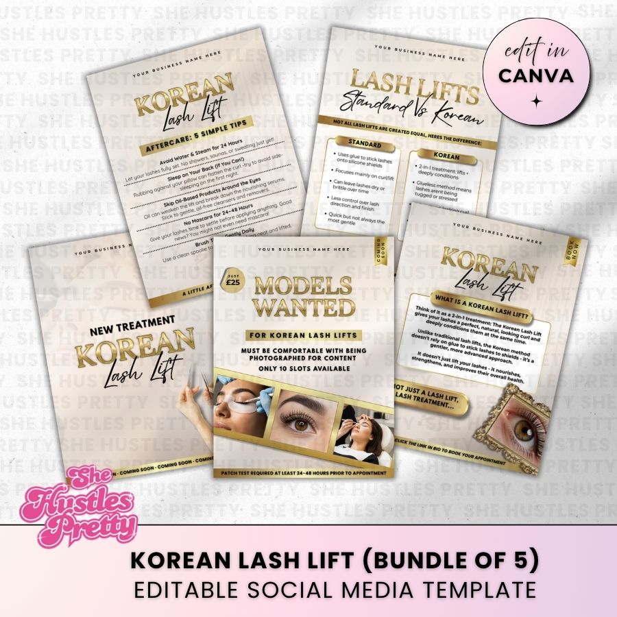 Korean Lash Lift x 5 Posts | Social Media Marketing for Lash Artist | Beige & Gold Luxe