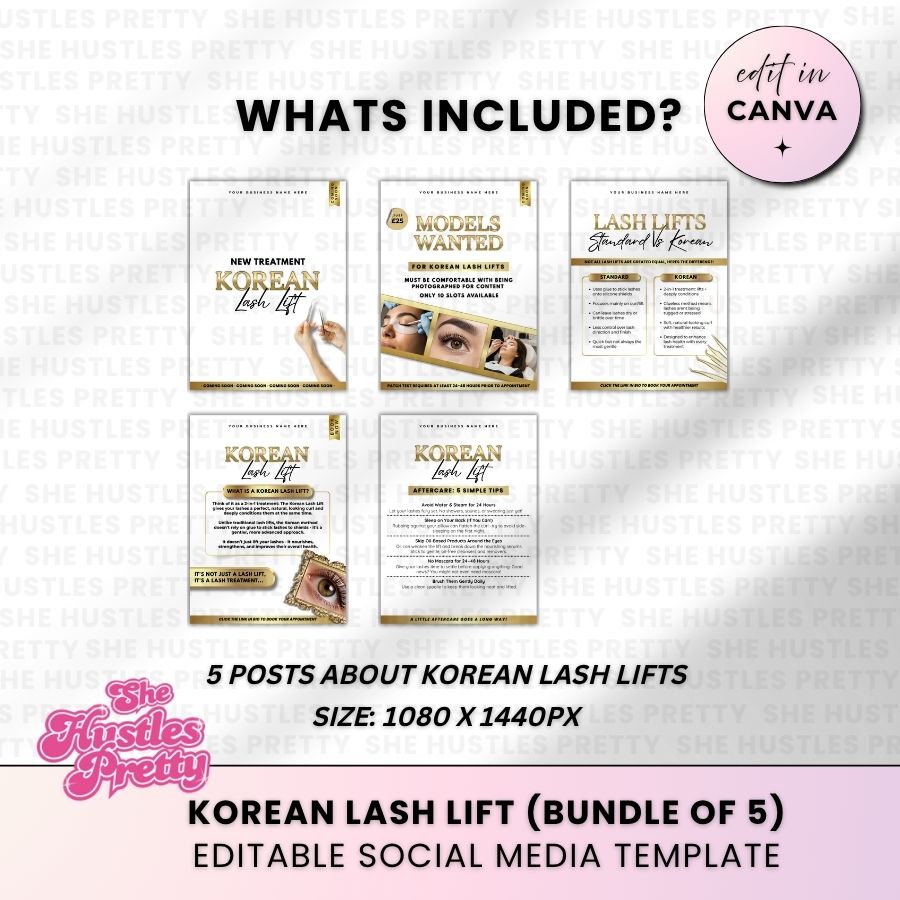 Korean Lash Lift x 5 Posts | Social Media Marketing for Lash Artist | White & Gold Luxe