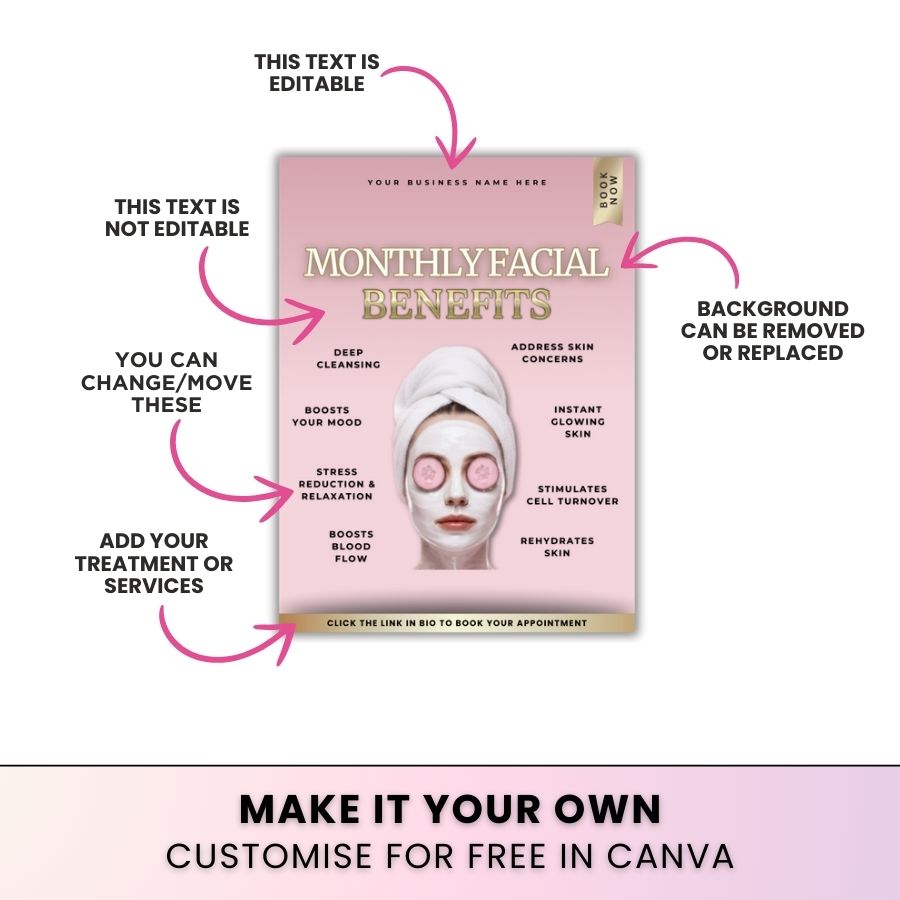 Monthly Facial Benefits Template for Social Media | Baby Pink & Gold | For Skincare Specialists