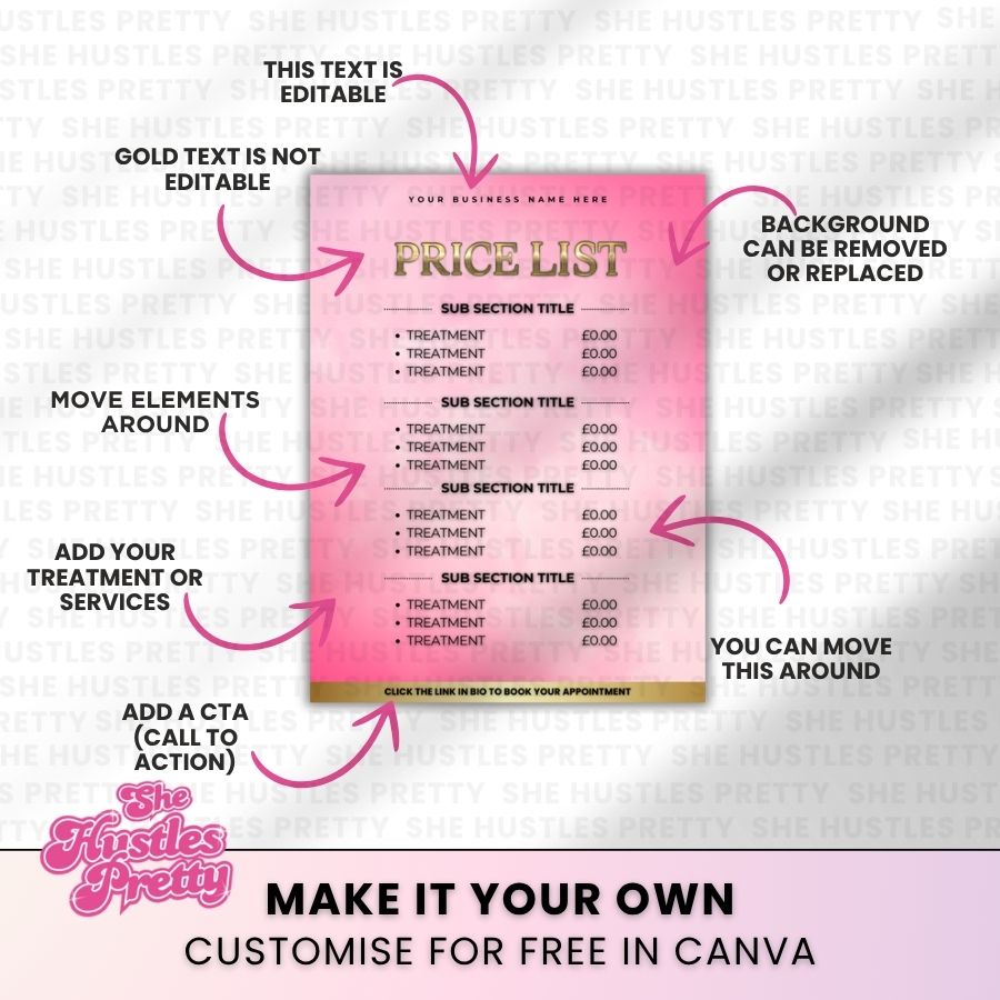 Price List Template for Social Media | Pink & Gold | For Beauty Professionals