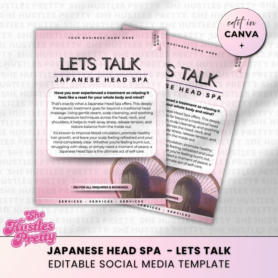 Let's Talk Japanese Head Spa Post for Social Media | White & Pink | For Massage Therapists