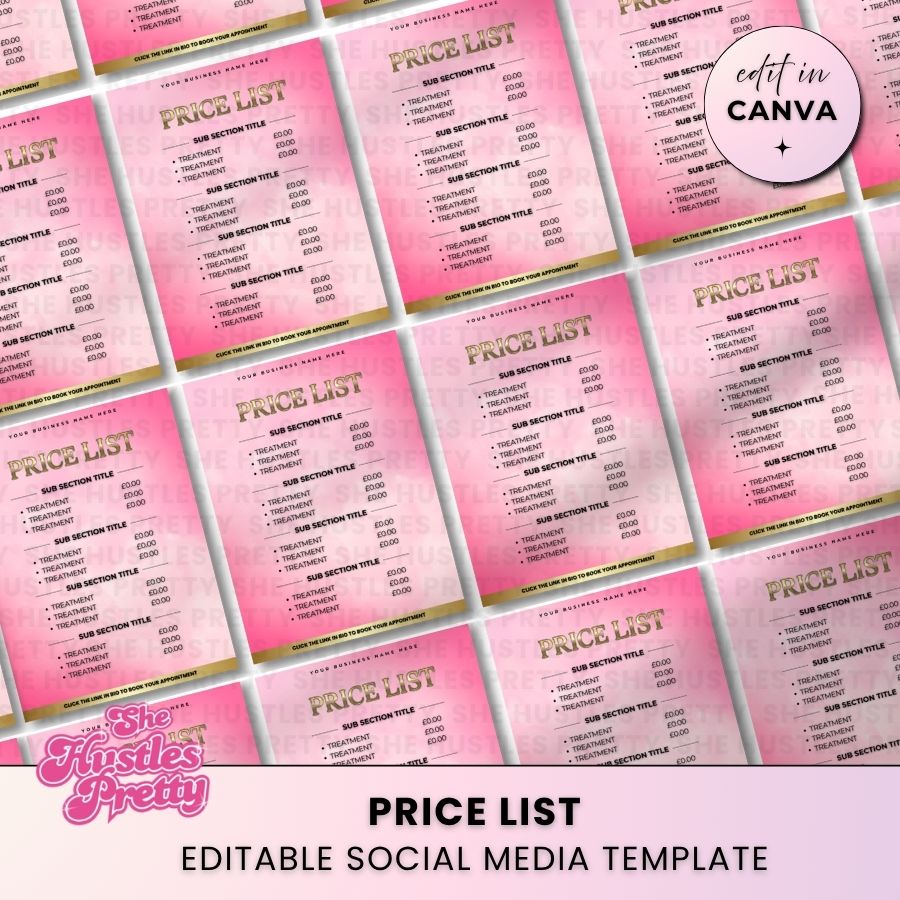 Price List Template for Social Media | Pink & Gold | For Beauty Professionals