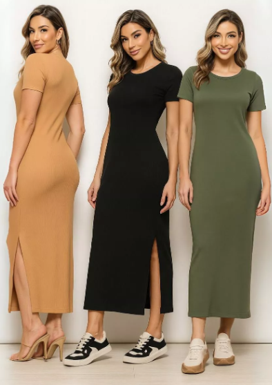 Kit 3 Vestidos Longos Feminino com Fenda Malha 100% Algodão Confortável Casual Verão Moda Dia a Dia