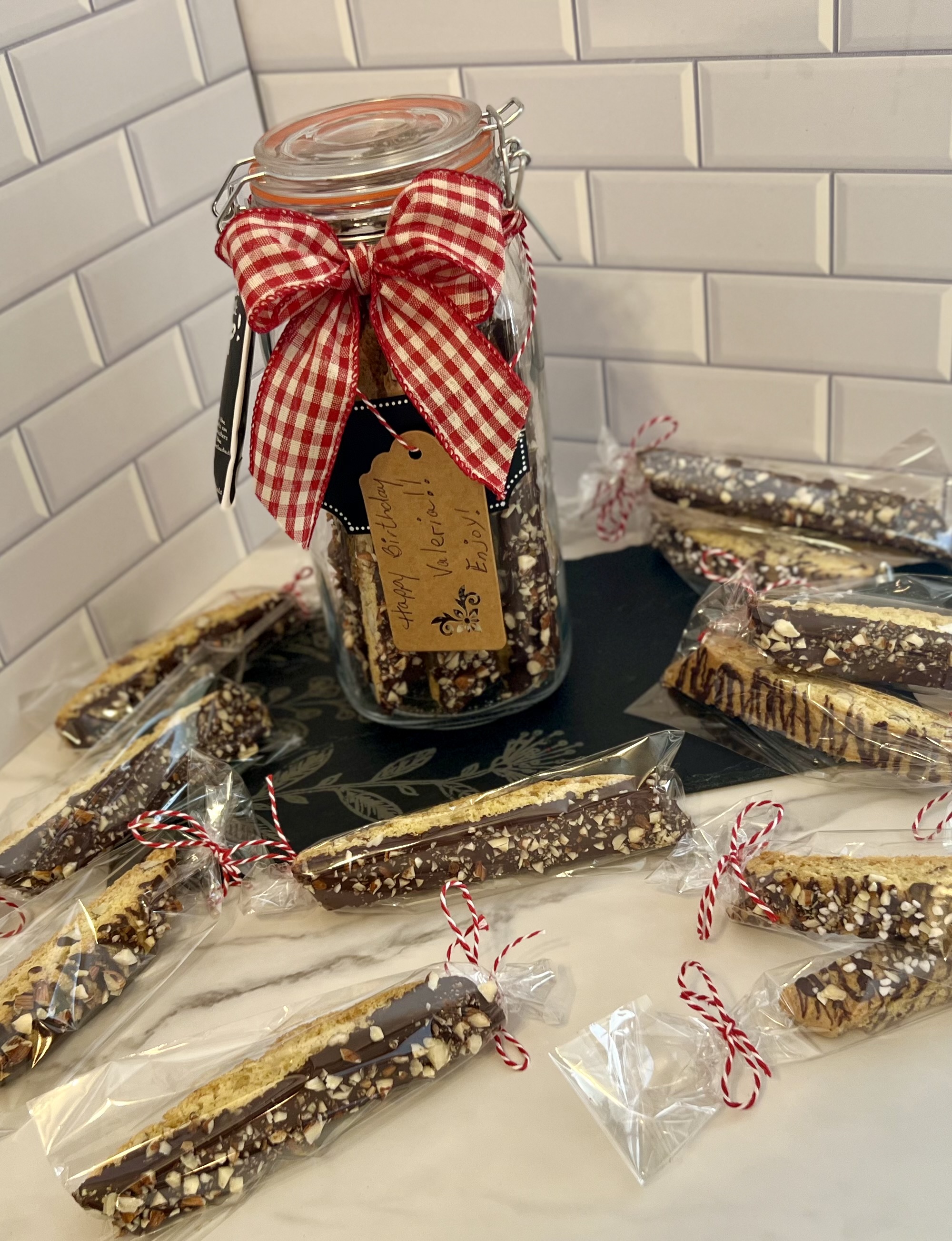 Chocolate-Dipped Turtle Biscotti Gift Jar