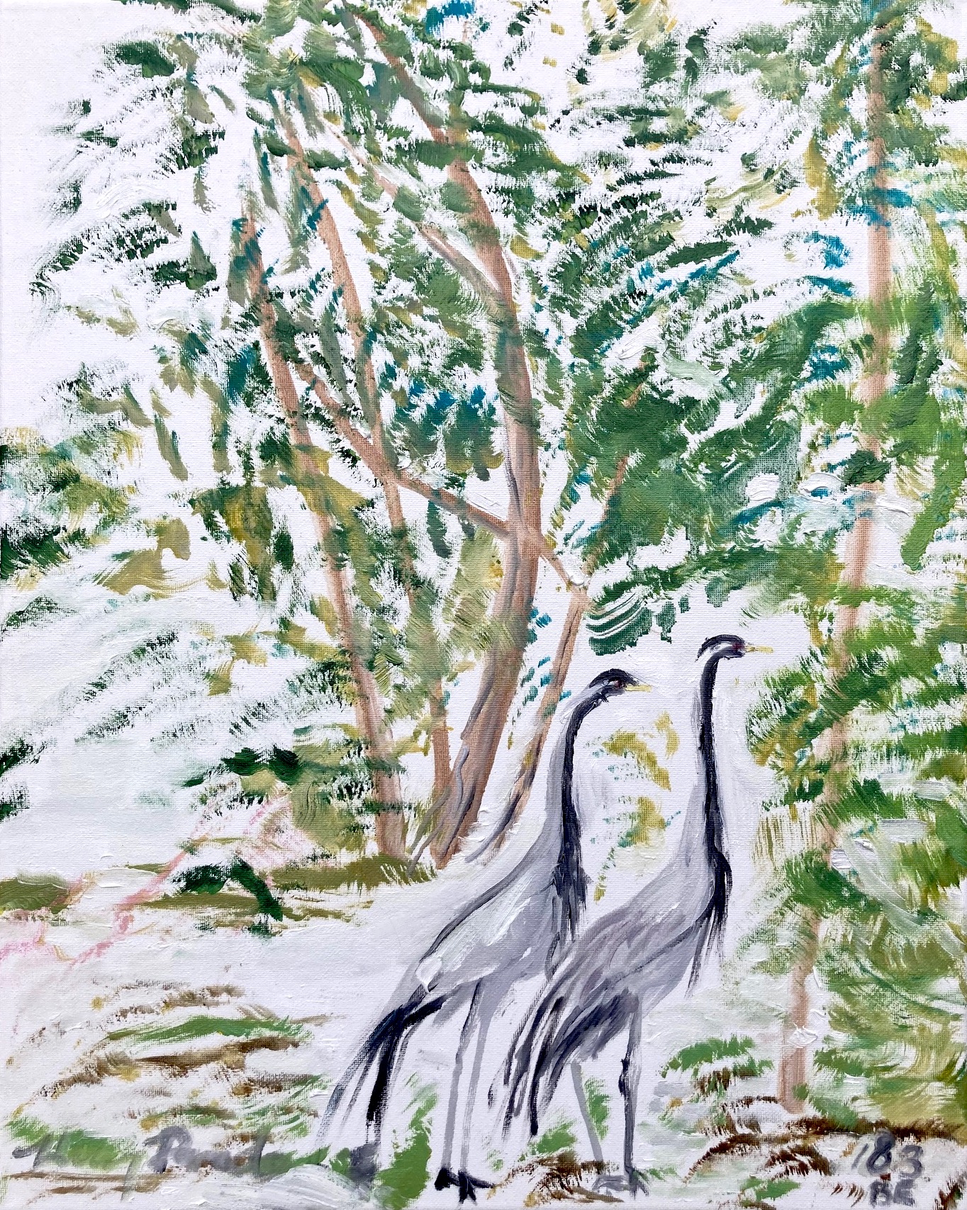 Demoiselles Cranes in a Snowy Forest