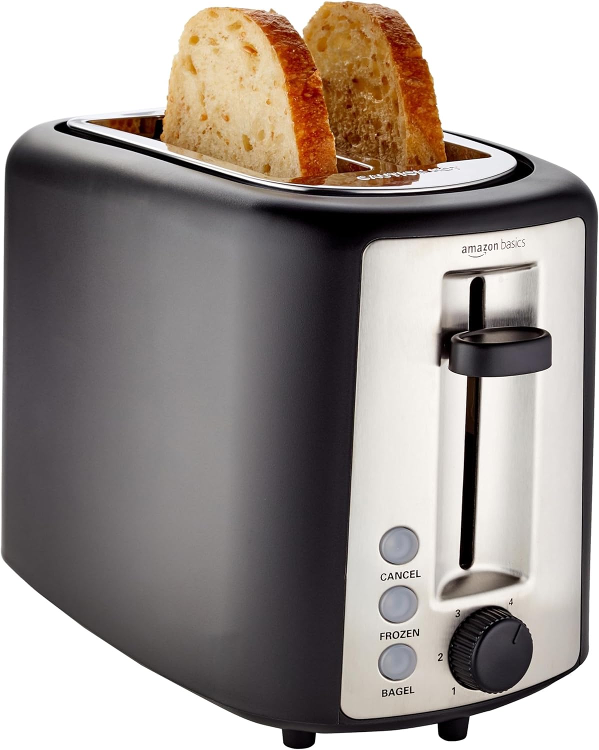 Amazon Basics 2 Slice Toaster with 6 Browning Settings, Extra Wide Slots, and Removable Crumb Tray – Black & Silver, 900W