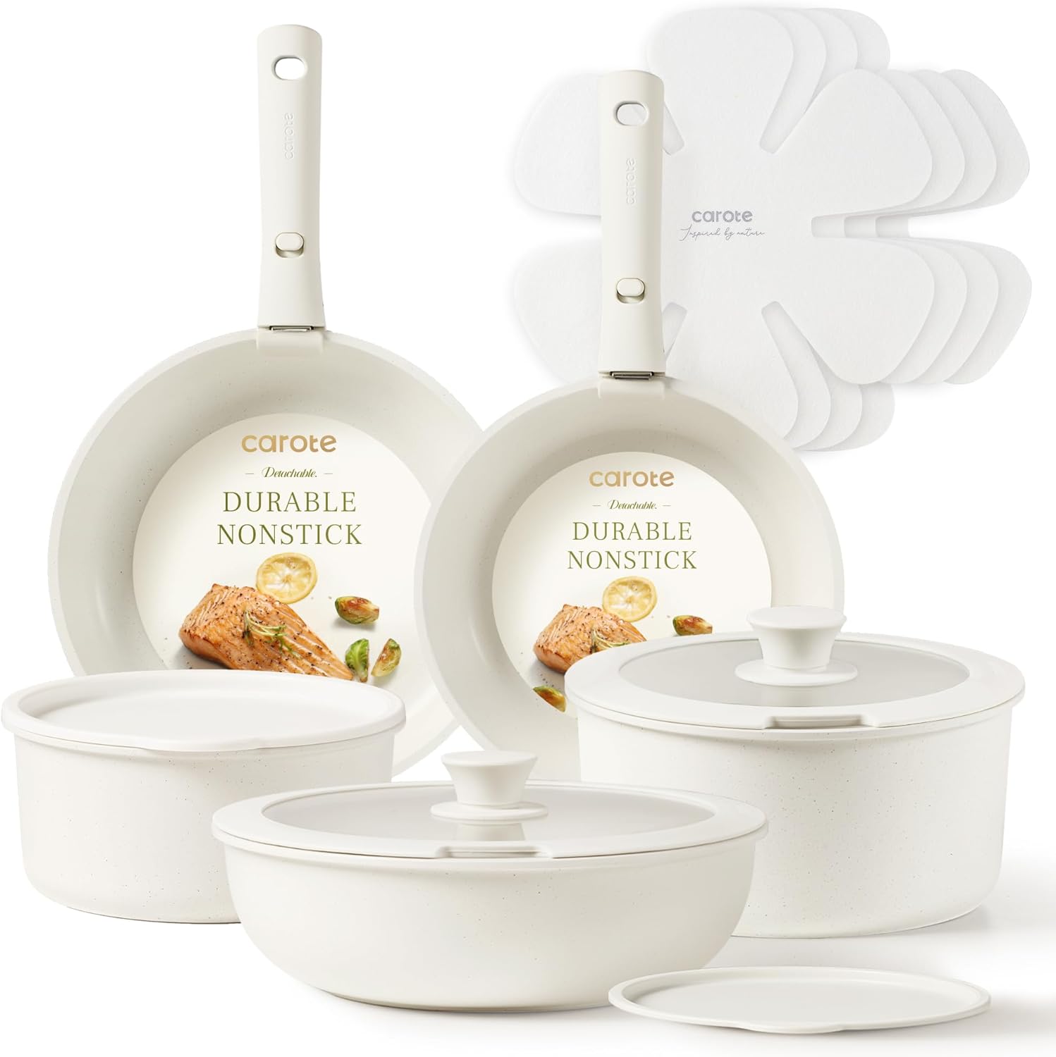 CAROTE 12-Piece Nonstick Ceramic Cookware Set – Scratch-Resistant Pots and Pans with Glass Lids, Dishwasher Safe, Induction Compatible, Detachable Handles – Black