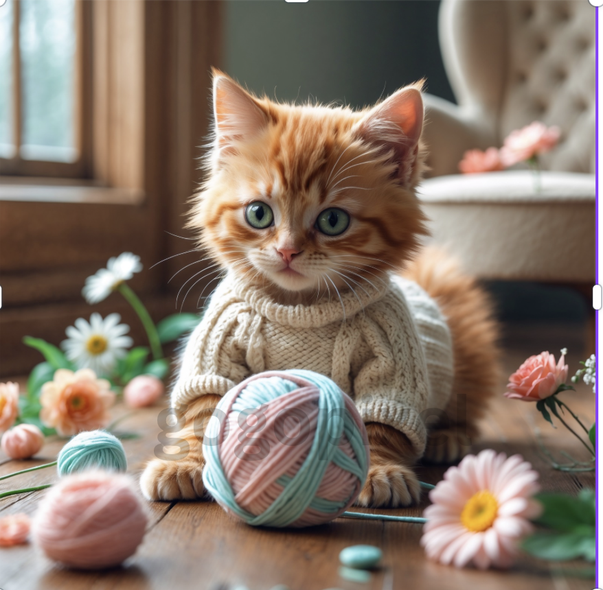 Serene Kitten with Yarn - Digital Art Printable and Downloadable