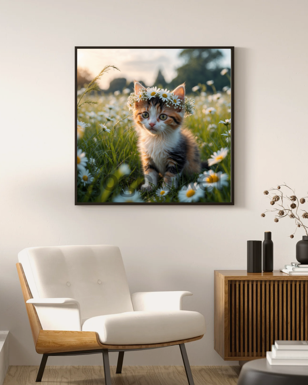 Kitten with Daisy Crown Kitten - Digital Art Printable and Download