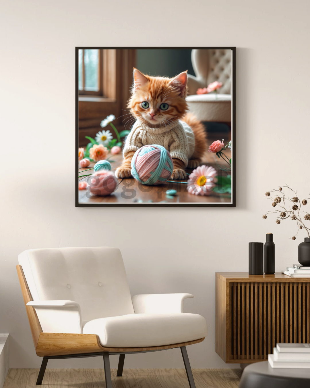 Serene Kitten with Yarn - Digital Art Printable and Downloadable