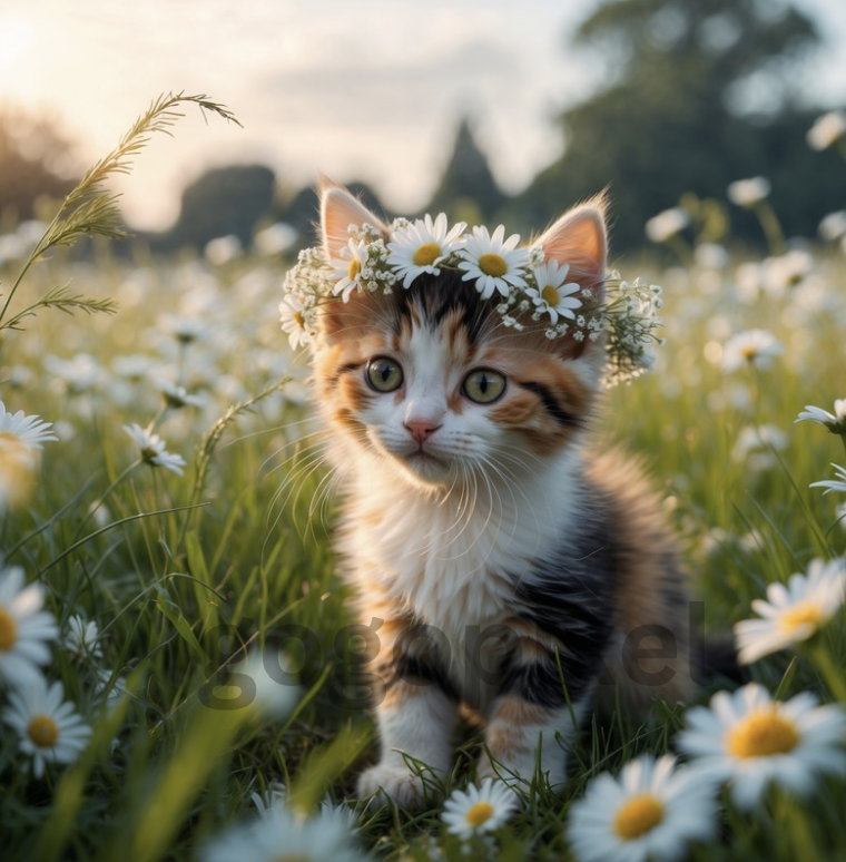 Kitten with Daisy Crown Kitten - Digital Art Printable and Download