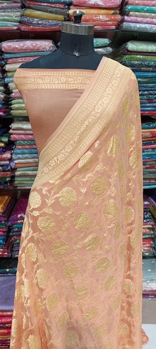 Peach Silk Saree with Golden Design