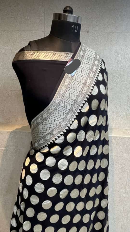Black and Silver Polka Dot Georgette Saree