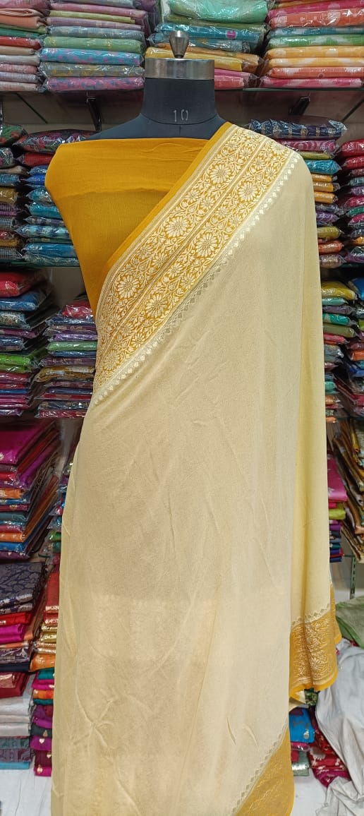 Elegant Cream and Mustard  georgette Saree