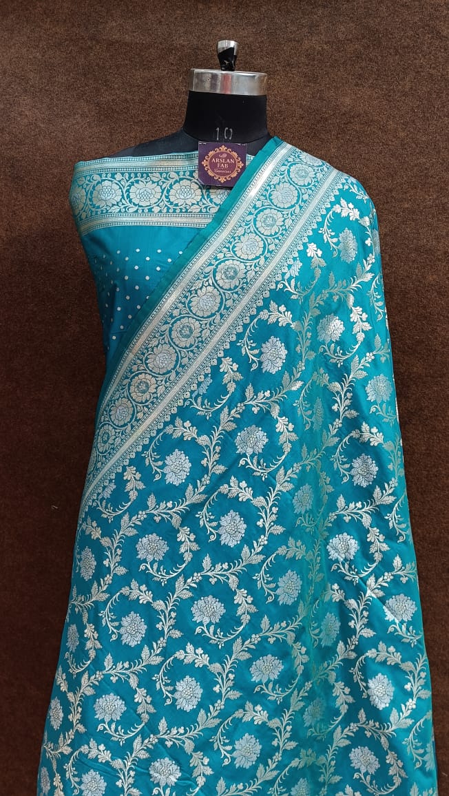 Turquoise Floral Banarasi Saree