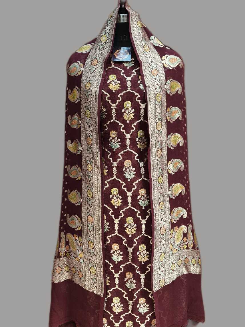 Maroon georgette shalwar suit zari meenadar