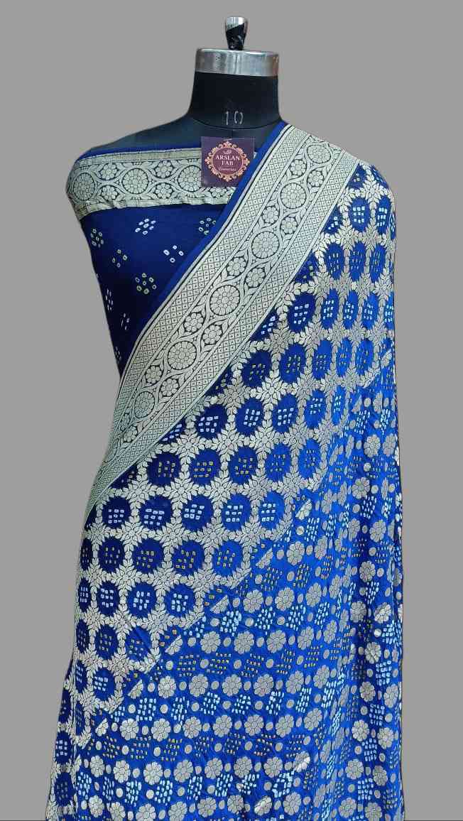 Blue Georgette Chiffon Bandhini Banarasi Silk Saree