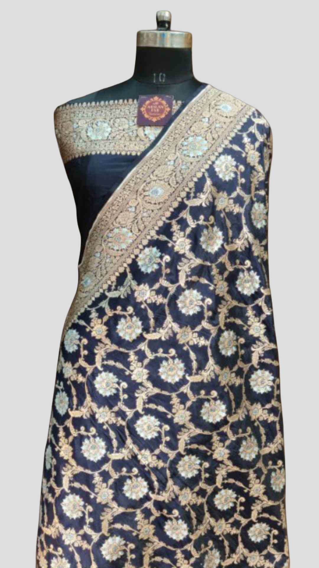 Navy Blue Banarasi Silk Saree Upada Meenadaar