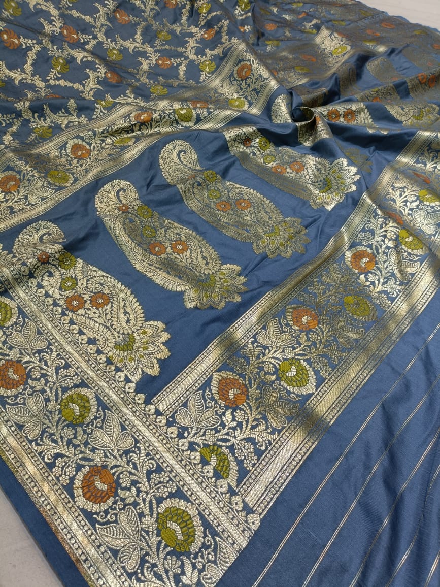 Blueish grey Banarasi Silk Saree