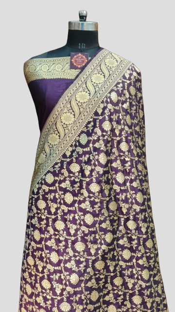Dark Purplish Banarasi Silk Saree Gold Zari Design