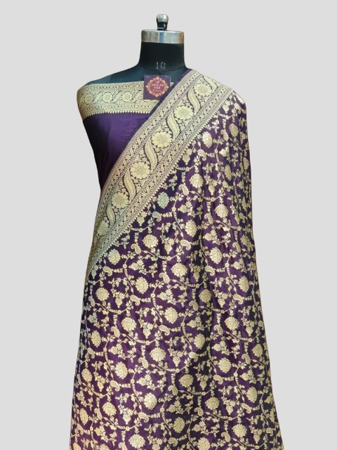 Dark Purplish Banarasi Silk Saree Gold Zari Design