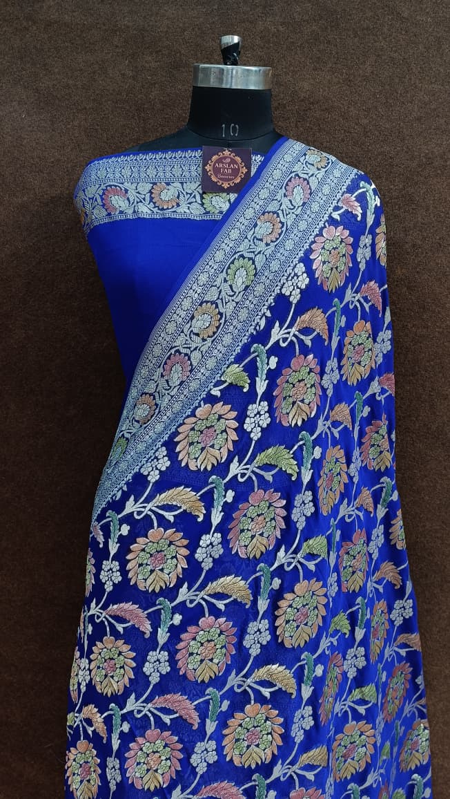 Royal Blue Floral Banarasi Georgette Saree