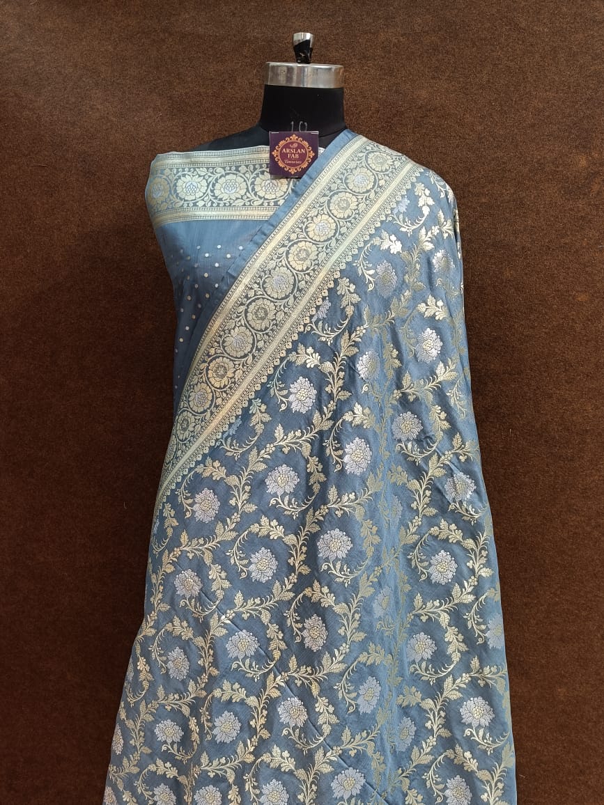 Blue Grey Banarasi Silk Saree