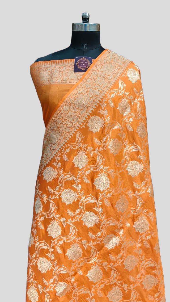 Orange Pure Banarasi Silk Saree Upada For Wedding