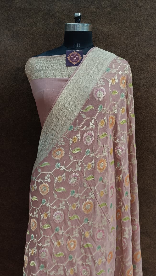 Dusty Peach Georgette Banarasi Saree