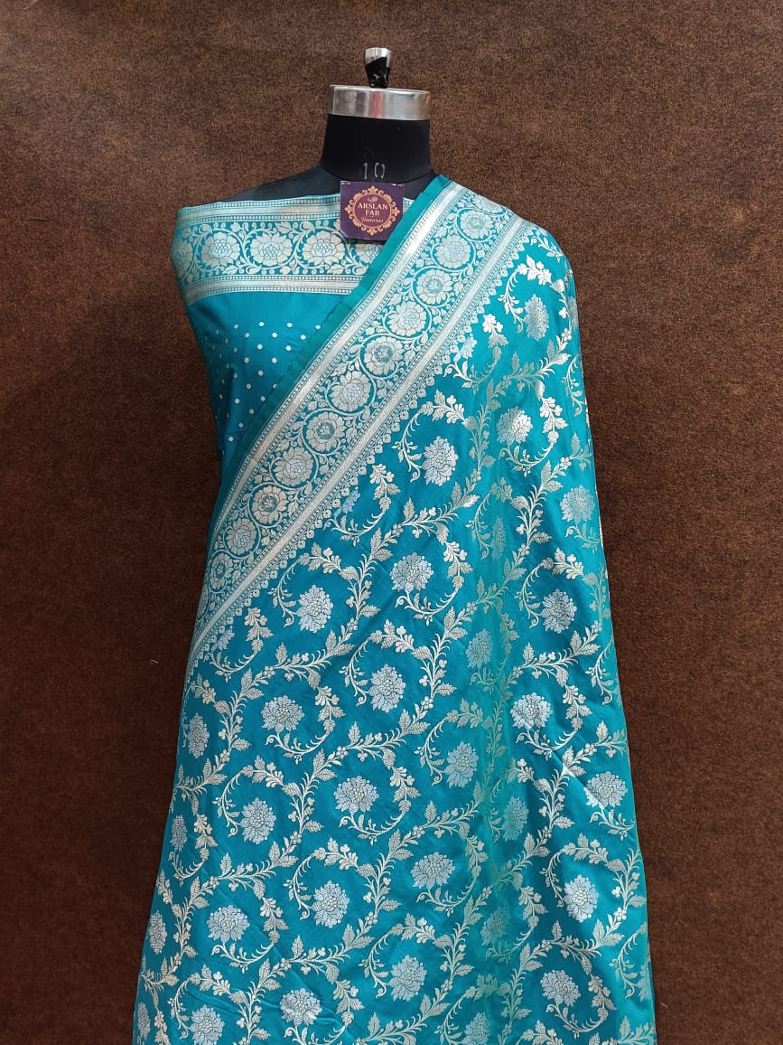 Turquoise Floral Banarasi Saree