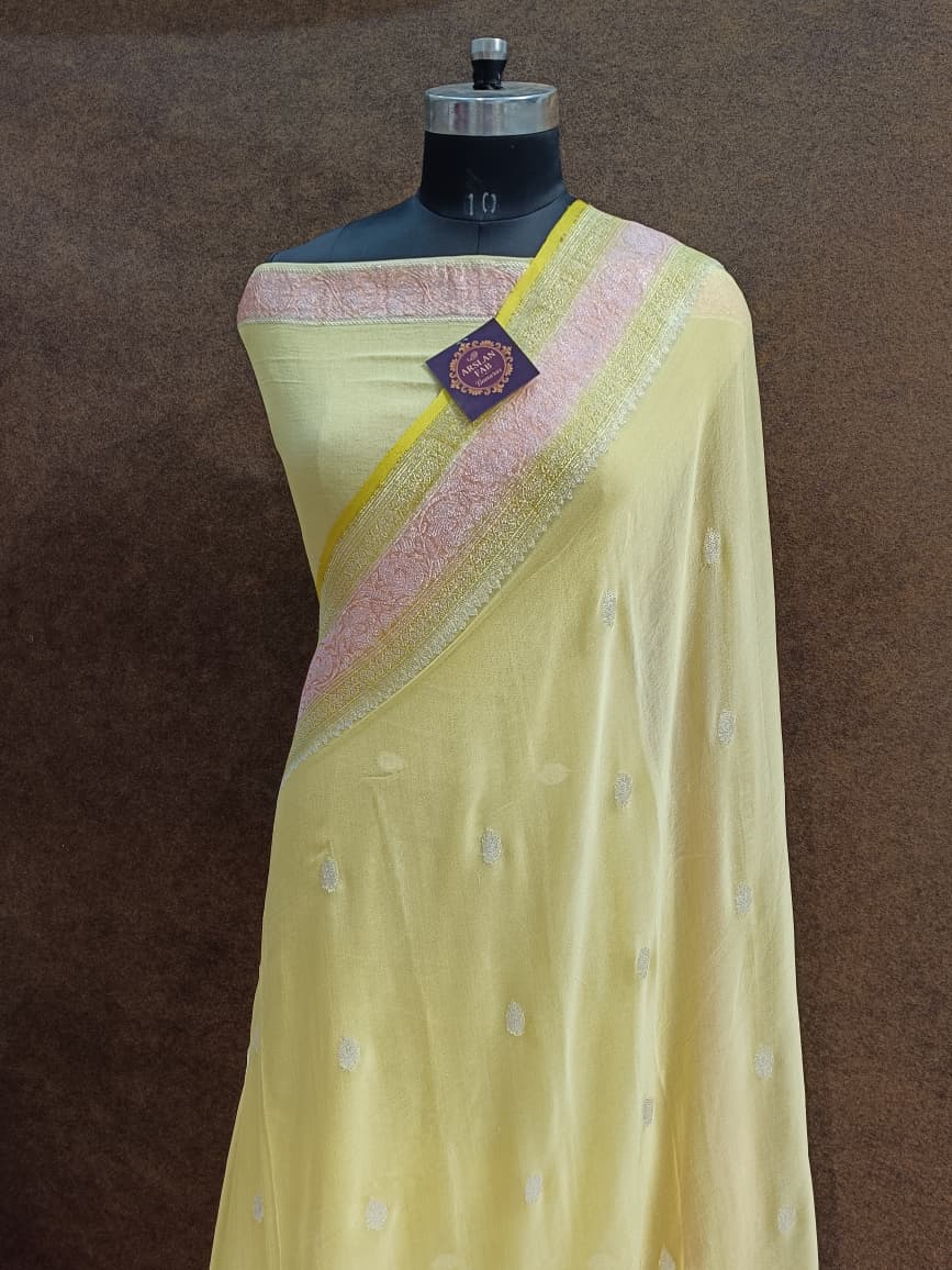 Light Yellow Pure Chiffon Banarasi Saree