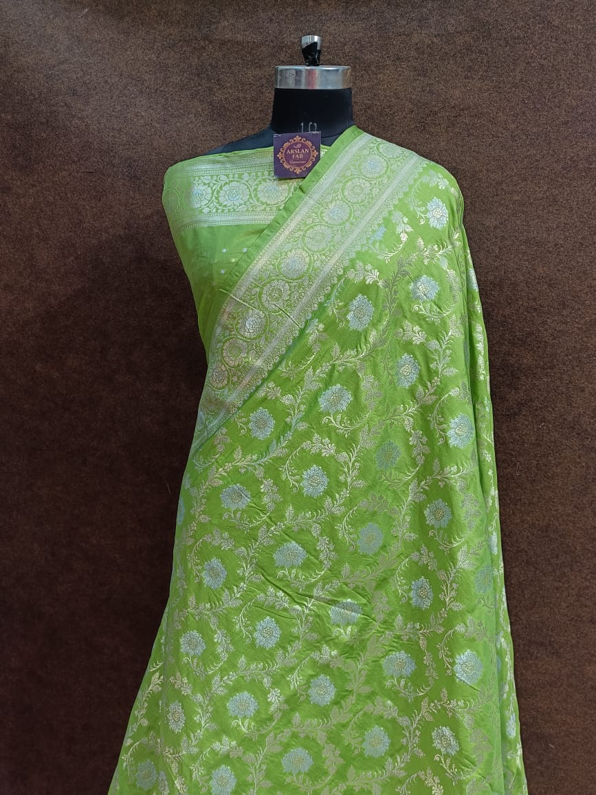 Green Banarasi Silk Saree self meena