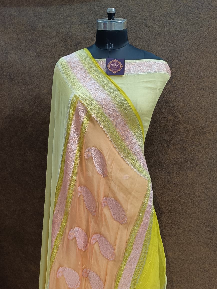 Elegant Peach and Yellow Pure Chiffon banarasi Saree