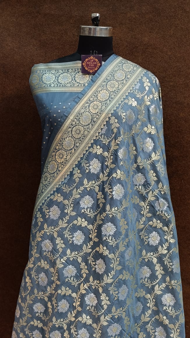 Blue Grey Banarasi Silk Saree