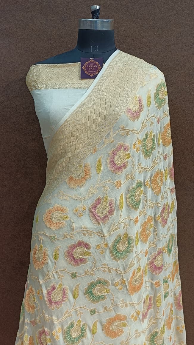Georgette Banarasi Saree Cream And Floral