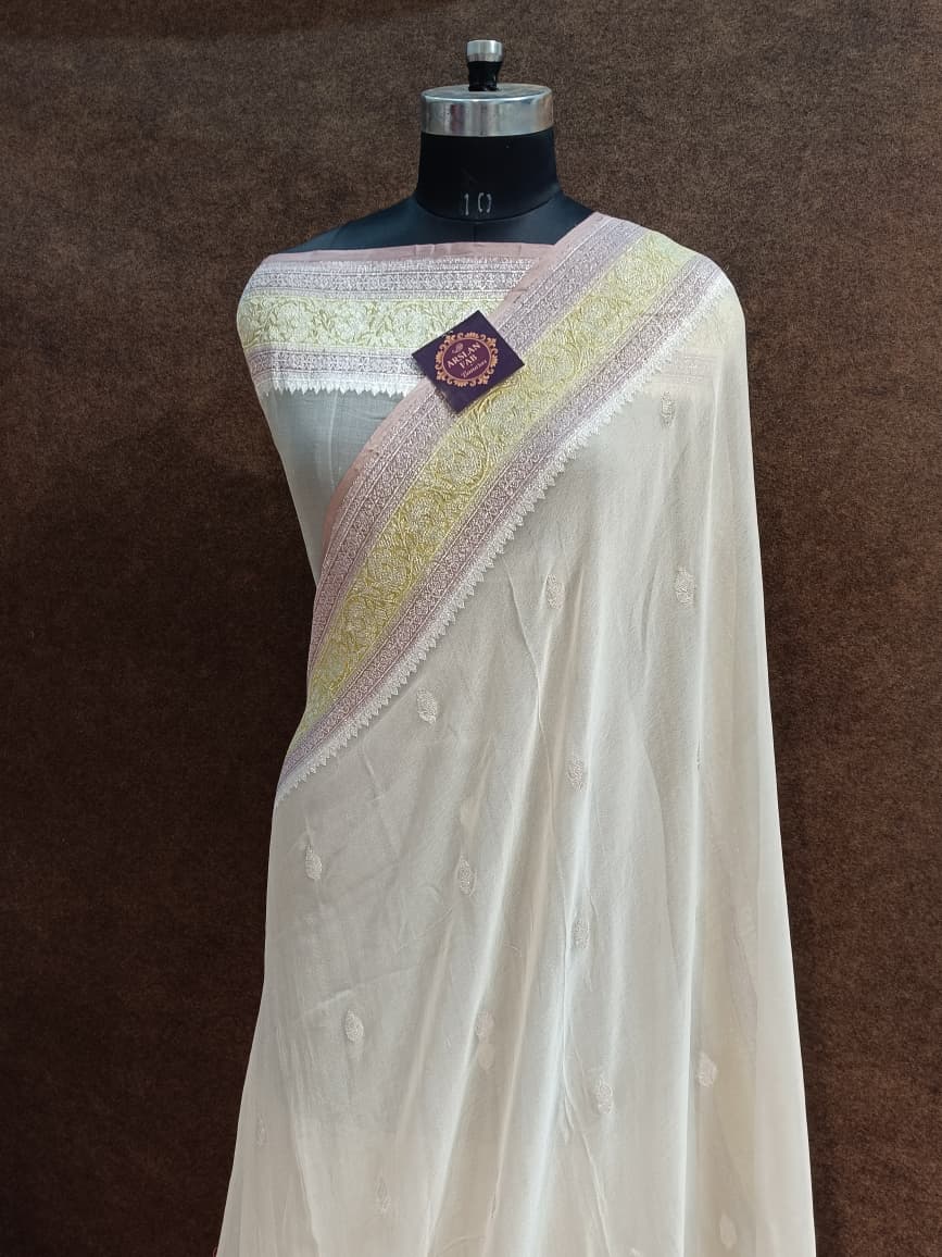 Elegant Off-White Pure Chiffon Saree
